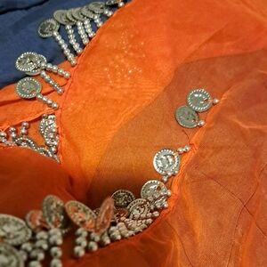 Orange Belly Dance Hip Scarf Silver Coin